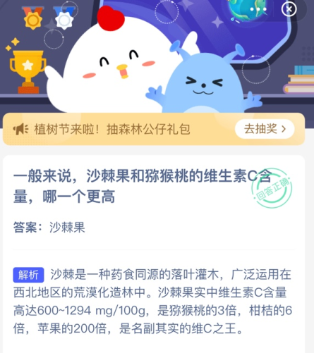 一般来说沙棘果和猕猴桃的维生素C含量哪一个更高 蚂蚁庄园今日答案